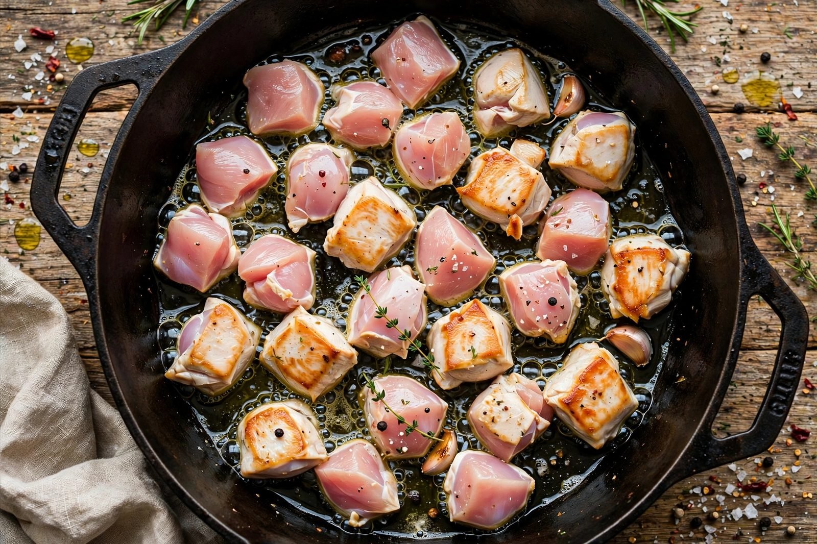 Bite-size chicken pieces searing in a large pot with olive oil, golden edges