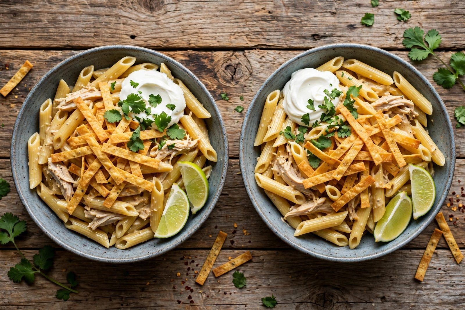 Two bowls of the pasta topped with tortilla strips, sour cream, cilantro, and lime wedges