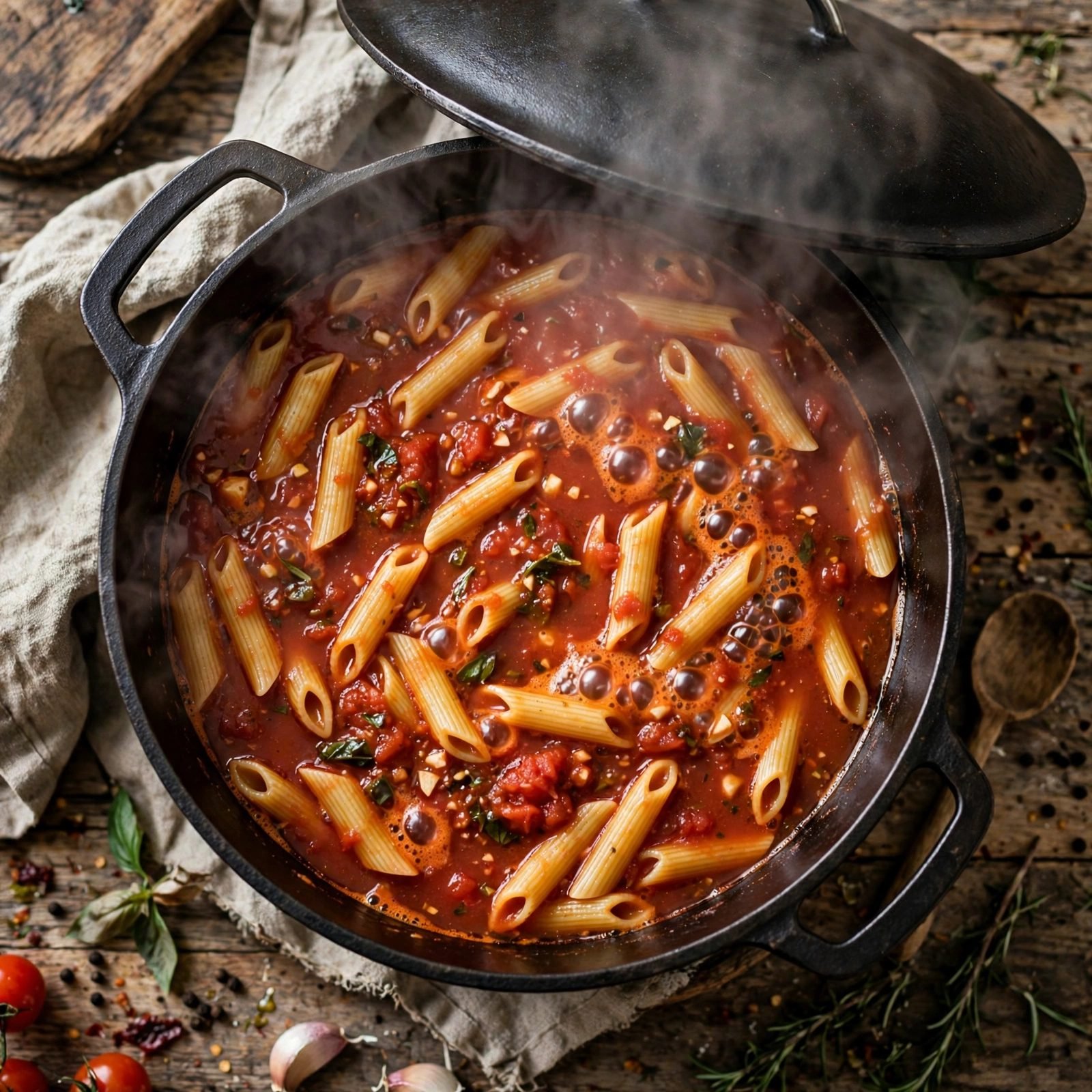 Pot with lid slightly ajar, steam rising, tomato broth bubbling around the penne