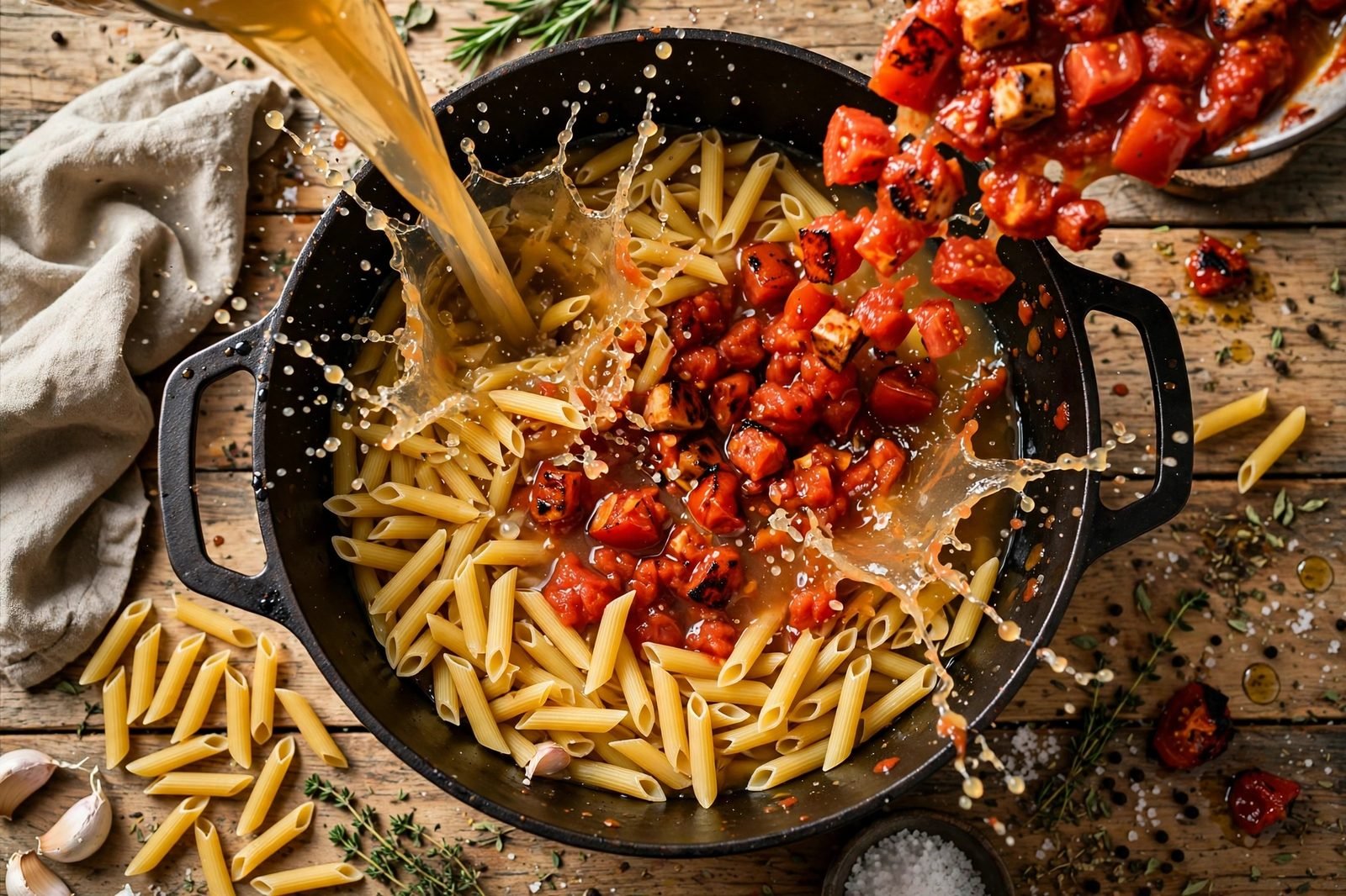 Fire-roasted tomatoes, chicken broth, and dry penne going into the pot