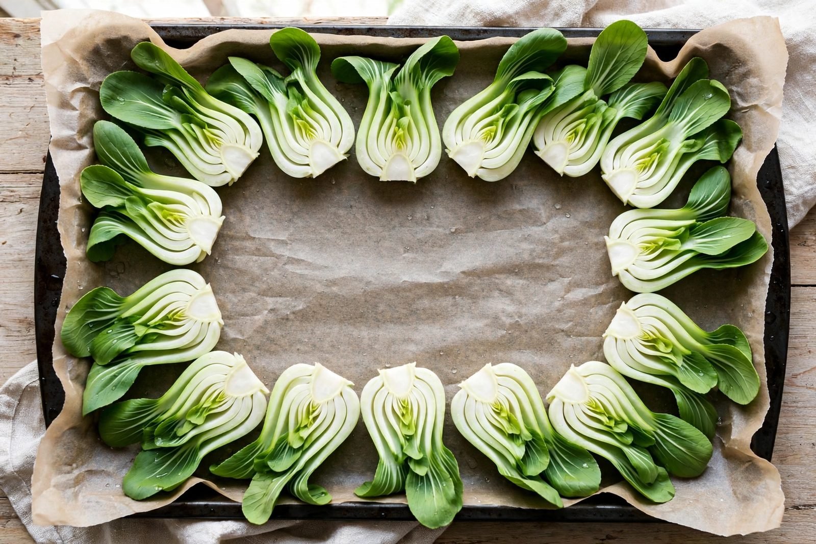 Bok choy halves arranged cut-side up on a parchment-lined sheet pan