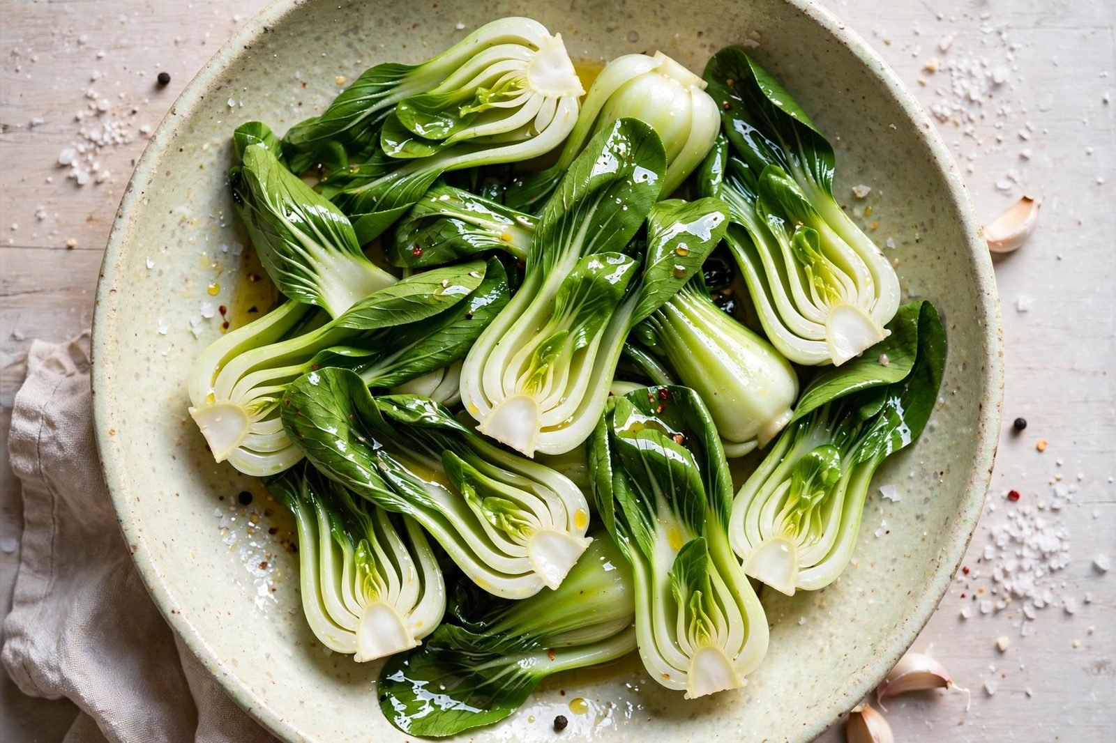 Halved baby bok choy tossed with oil in a bowl