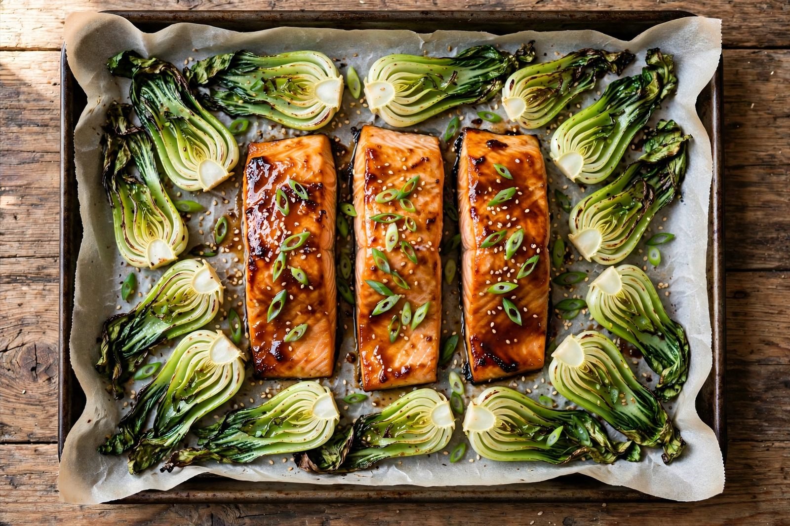 Sheet pan with miso-glazed salmon fillets and roasted bok choy