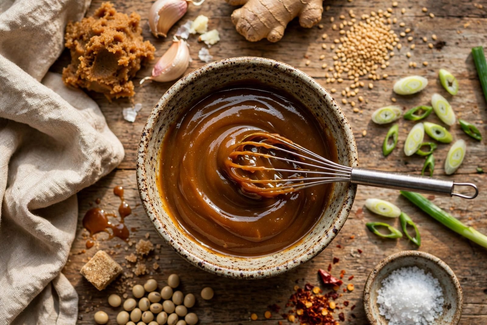 Glossy miso glaze being whisked in a small bowl