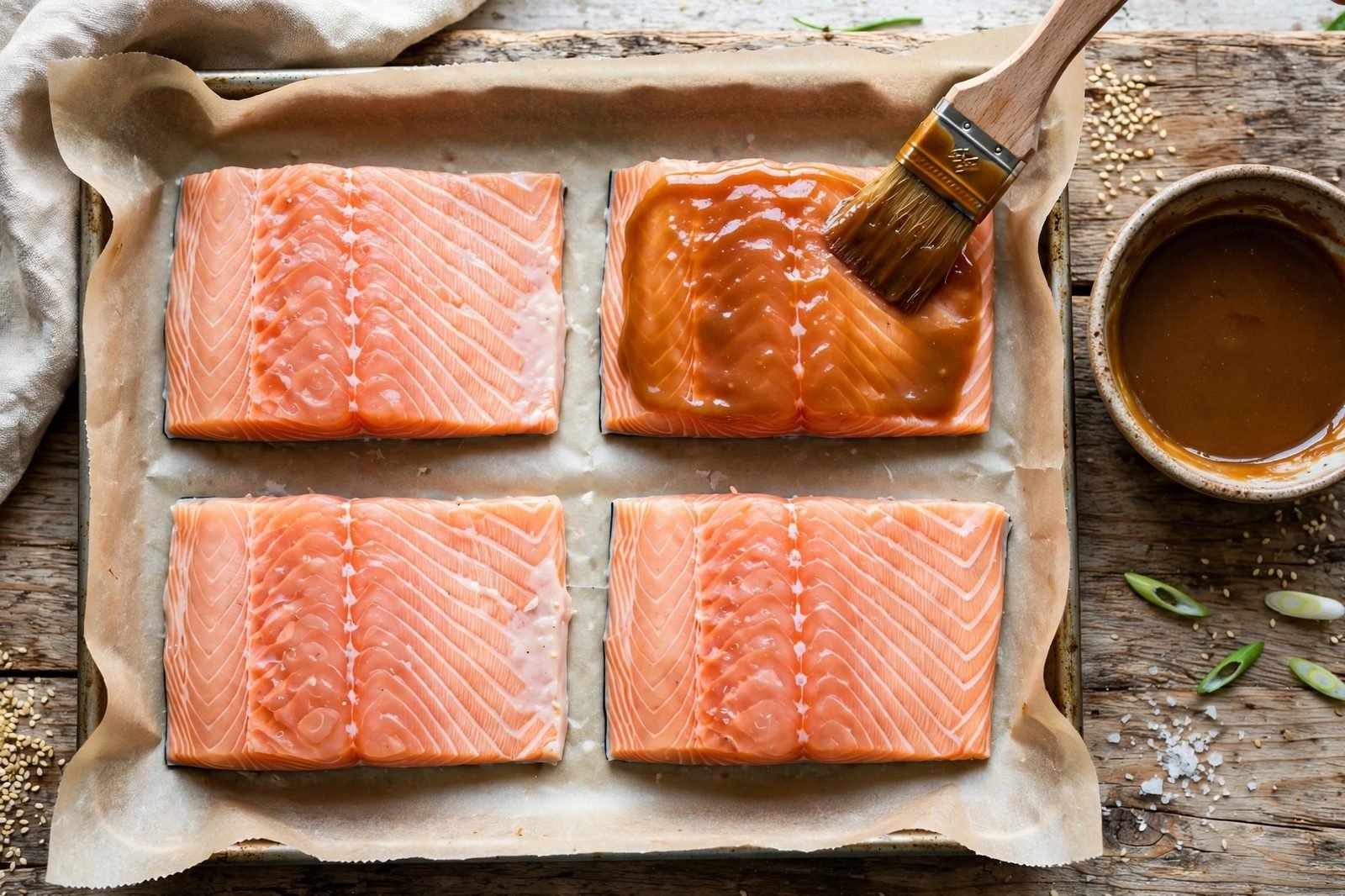 Raw salmon fillets being brushed with miso glaze on a sheet pan