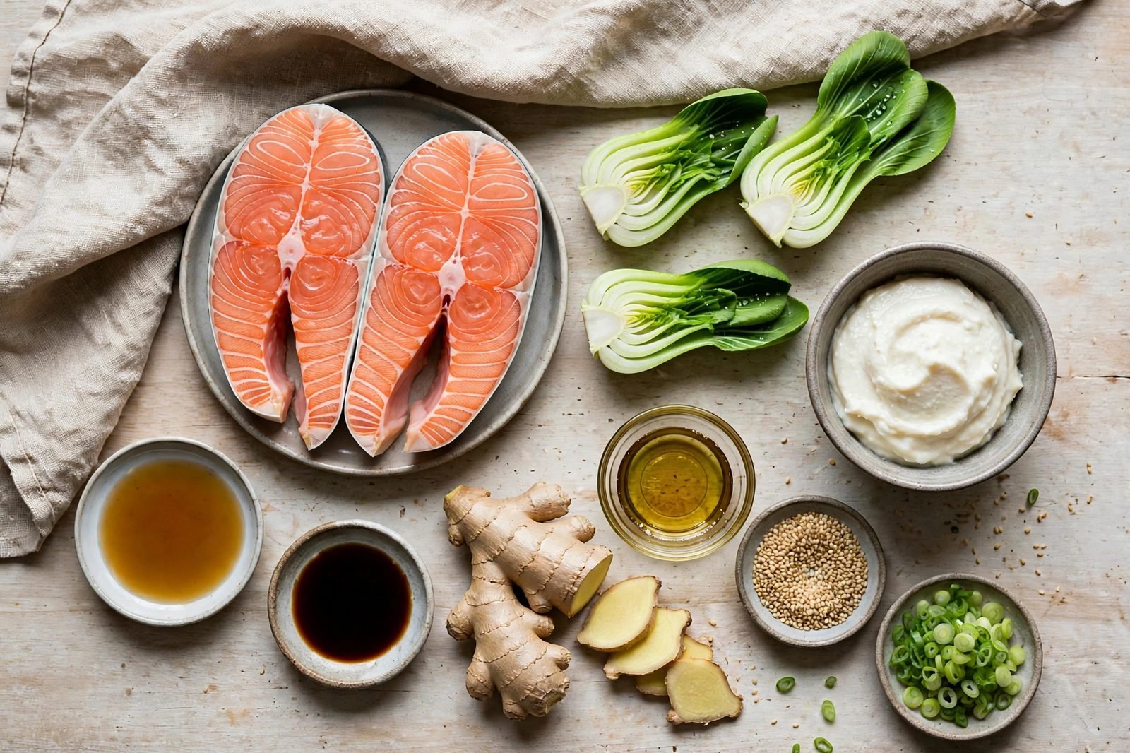 Ingredients for miso salmon: raw salmon fillets, baby bok choy halves, miso paste, mirin, soy sauce, ginger, sesame oil, sesame seeds, and green onions