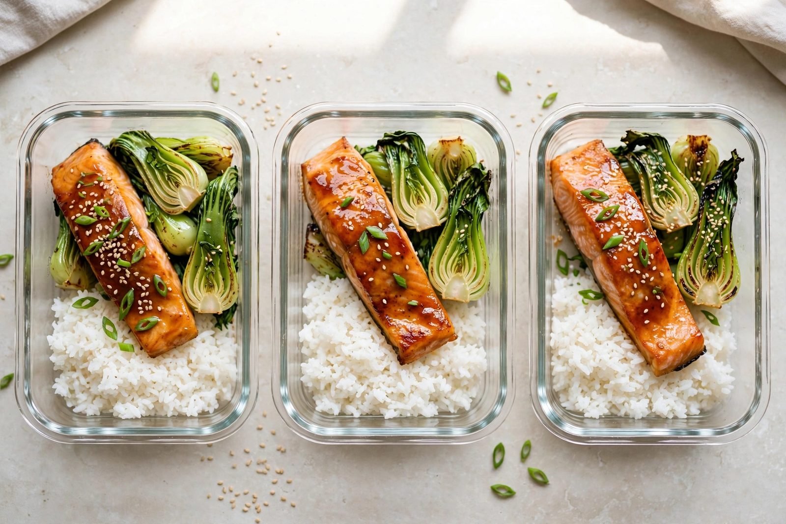 Portioned salmon, bok choy, and rice in meal-prep containers