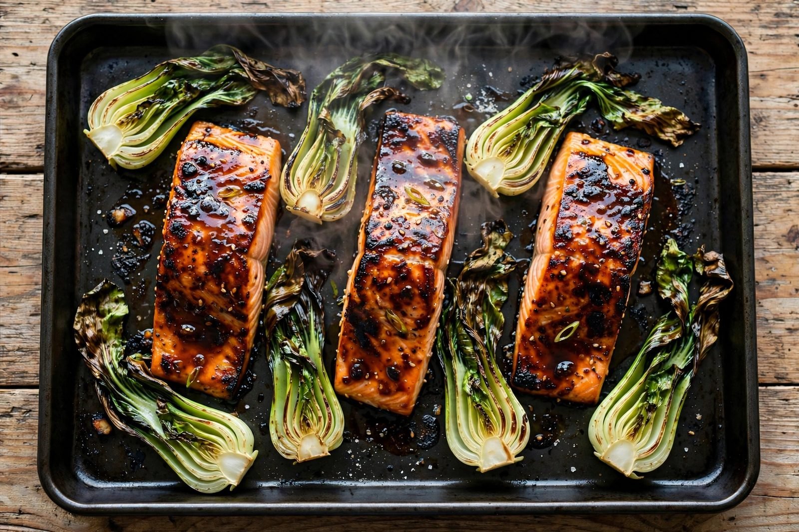 Caramelized miso-glazed salmon and charred bok choy fresh out of the oven on a sheet pan