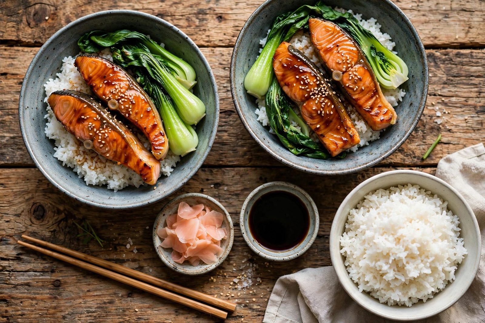 Overhead spread of miso salmon bowls with chopsticks and a small dish of soy sauce