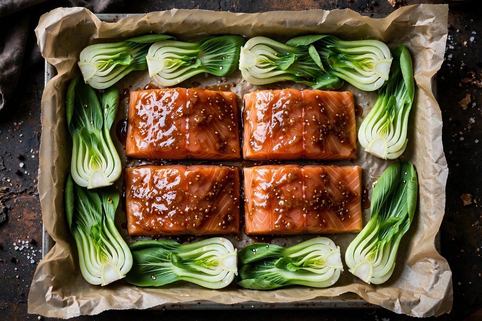 Glazed salmon fillets in the center of a sheet pan with bok choy around the edges, ready for the oven