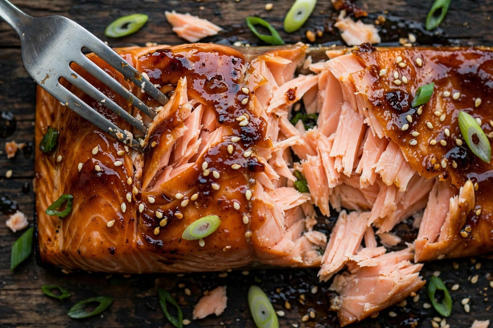 Fork flaking miso-glazed salmon, showing glossy caramelized glaze