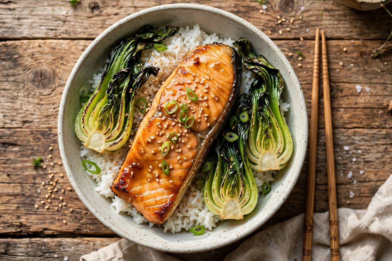 Salmon fillet and bok choy served over rice with sesame seeds and green onions