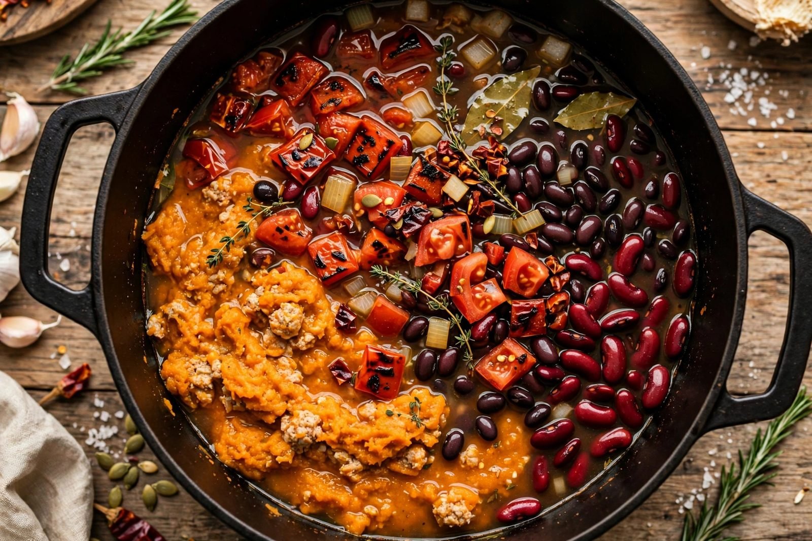 Fire-roasted tomatoes, broth, black beans, and kidney beans added to the pot
