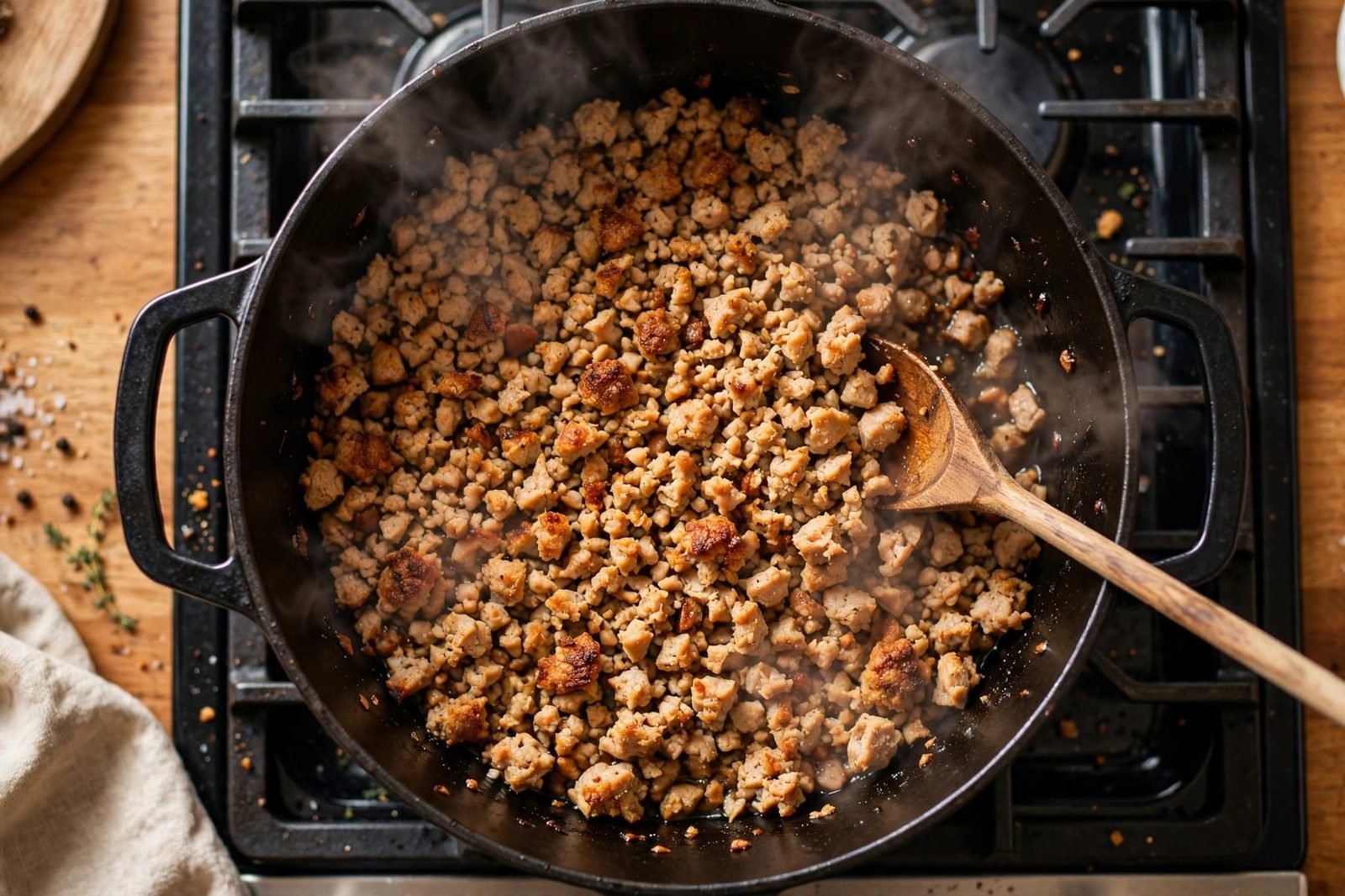Ground turkey browning in a Dutch oven, broken into crumbles