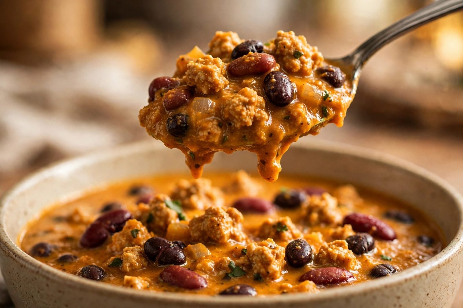 Close-up spoonful of thick pumpkin turkey chili showing turkey, beans, and creamy broth