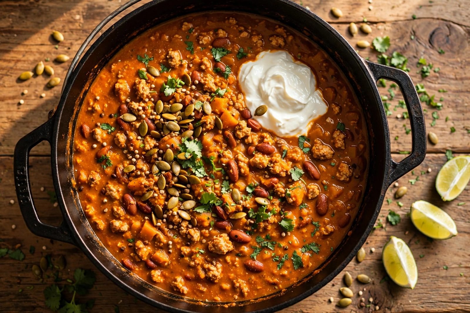 Overhead of finished pumpkin turkey chili in a Dutch oven with Greek yogurt, pepitas, cilantro, and lime wedges