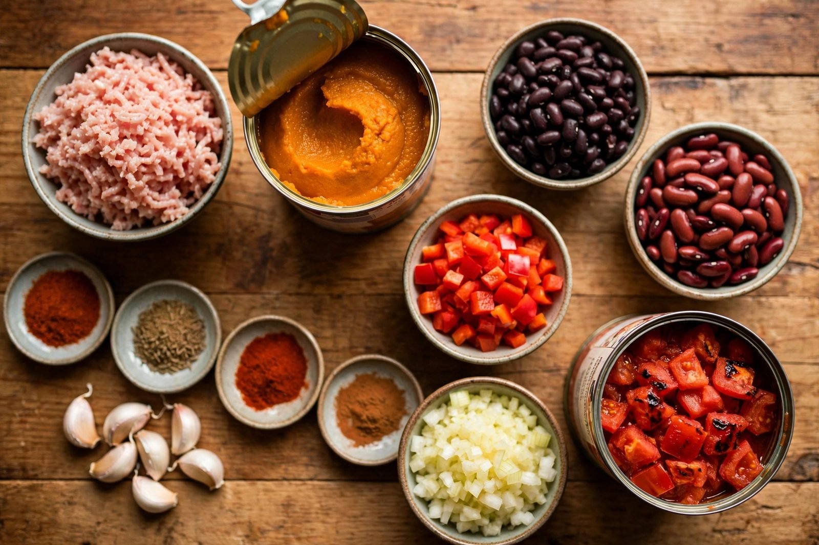 Ingredients for pumpkin turkey chili: ground turkey, canned pumpkin puree, beans, fire-roasted tomatoes, onion, bell pepper, spices