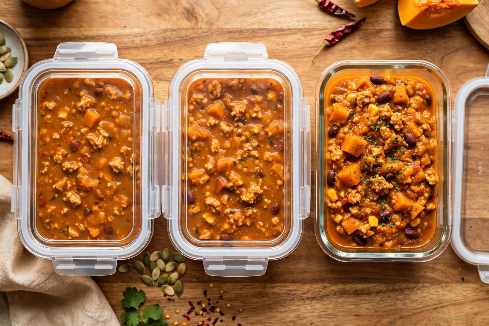 Glass meal-prep containers filled with pumpkin turkey chili
