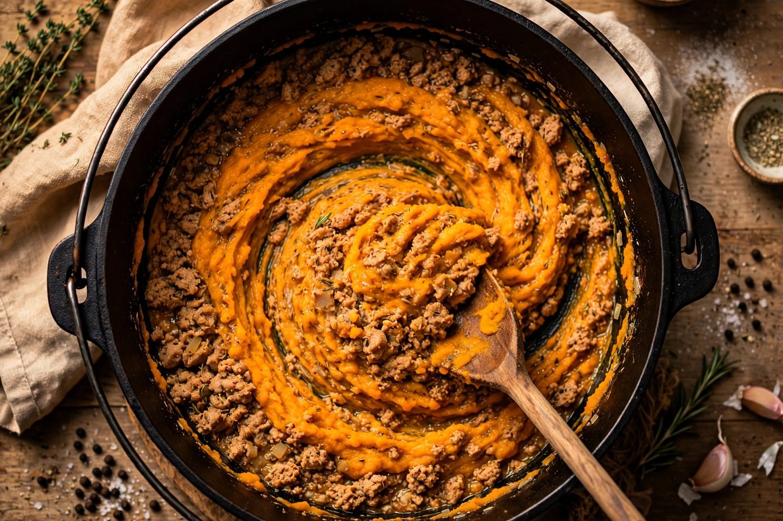 Orange pumpkin puree being stirred into the turkey mixture