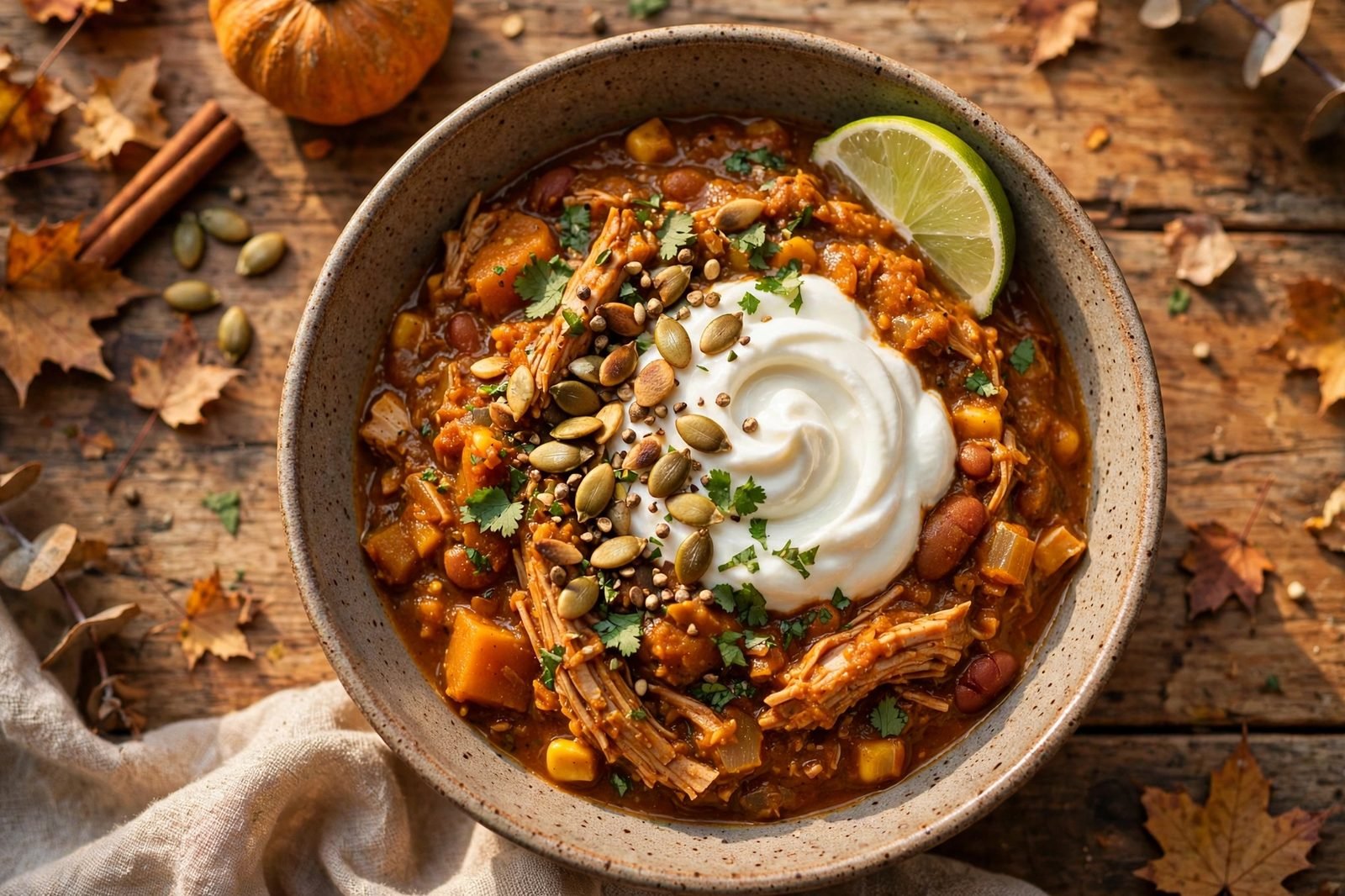 Bowl of pumpkin chili topped with Greek yogurt swirl, pepitas, cilantro, and lime wedge