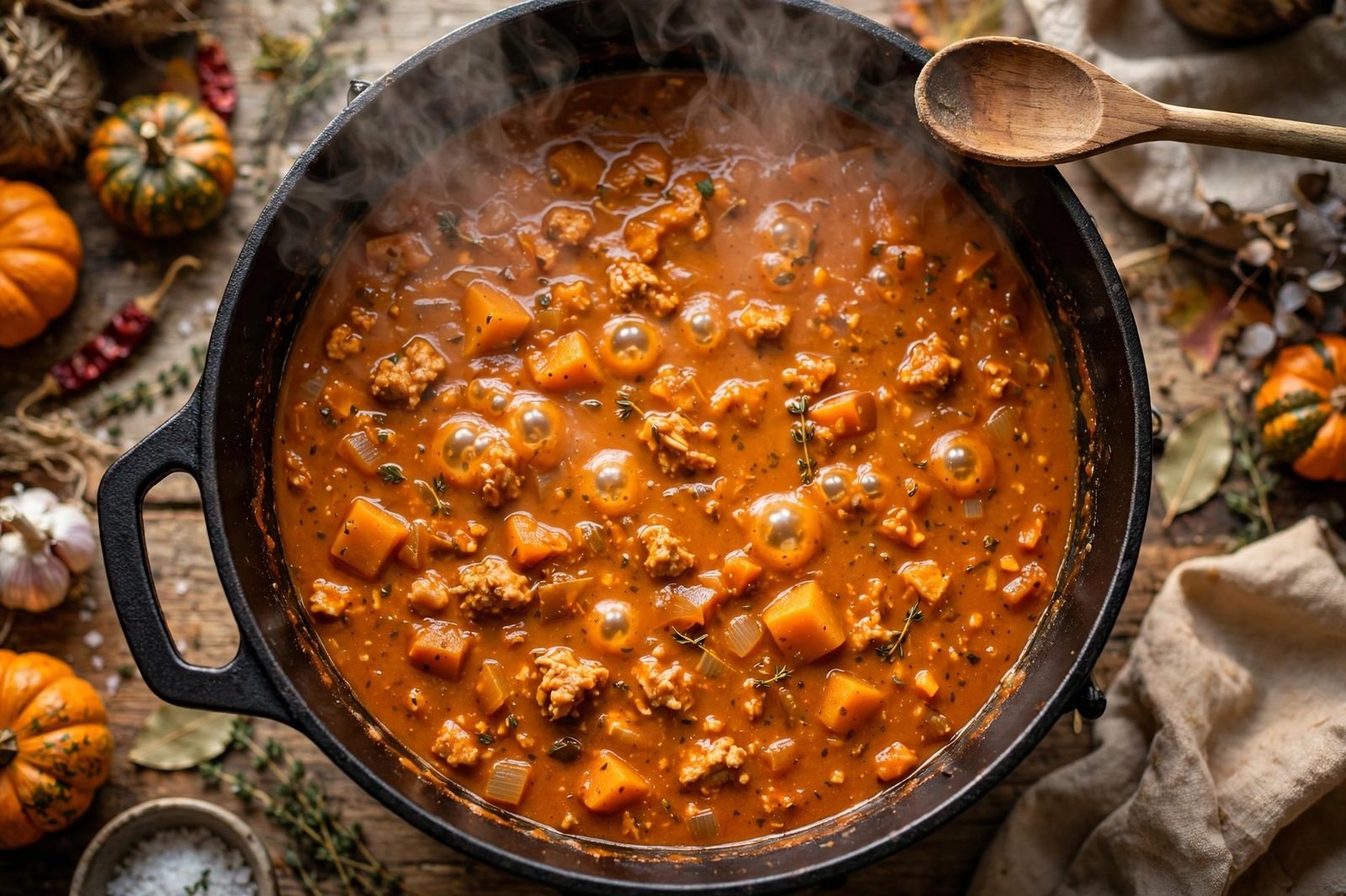 Thick orange chili simmering gently in the Dutch oven with steam rising