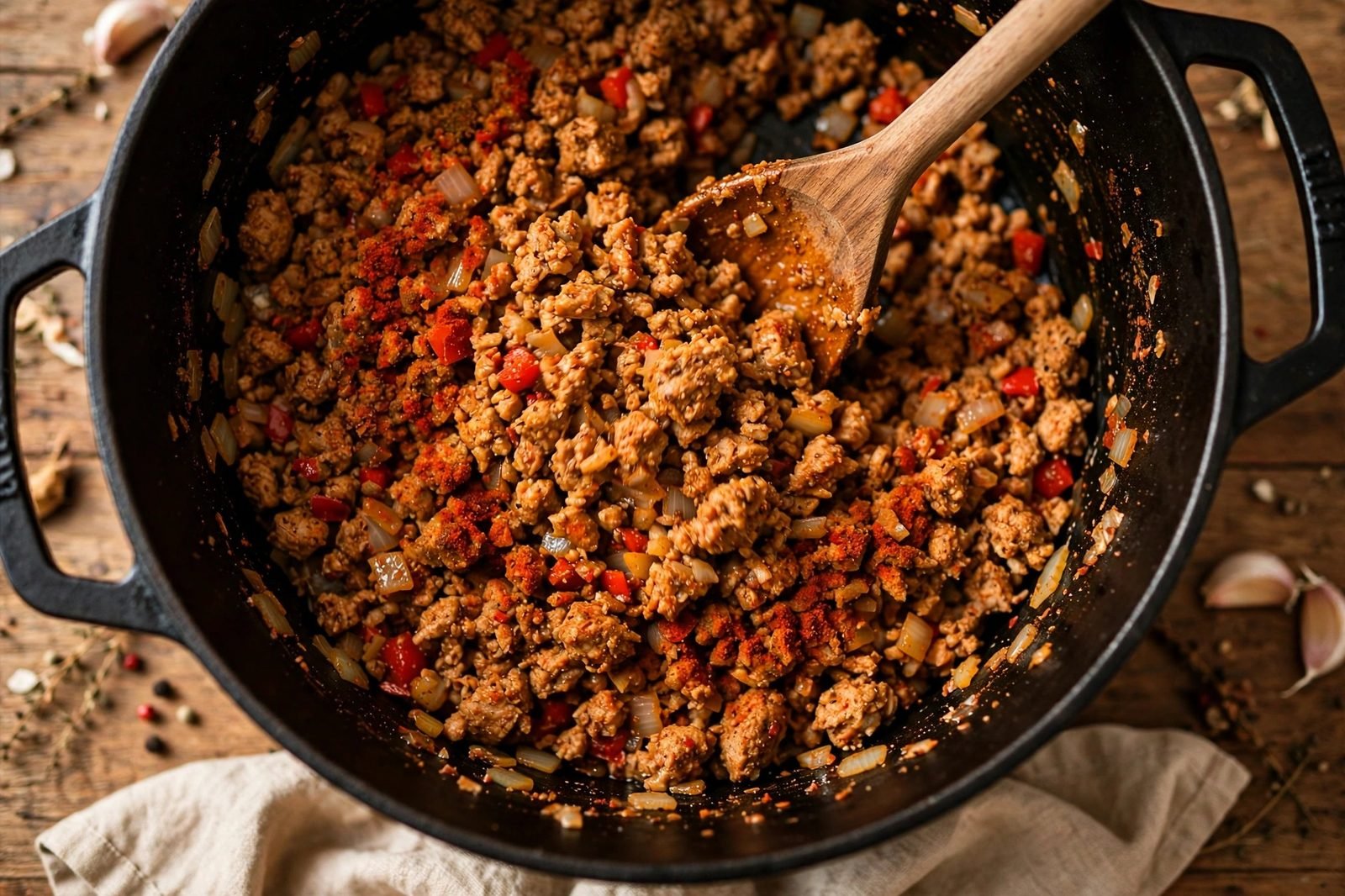 Chili powder, cumin, smoked paprika, and cinnamon being stirred into the pot