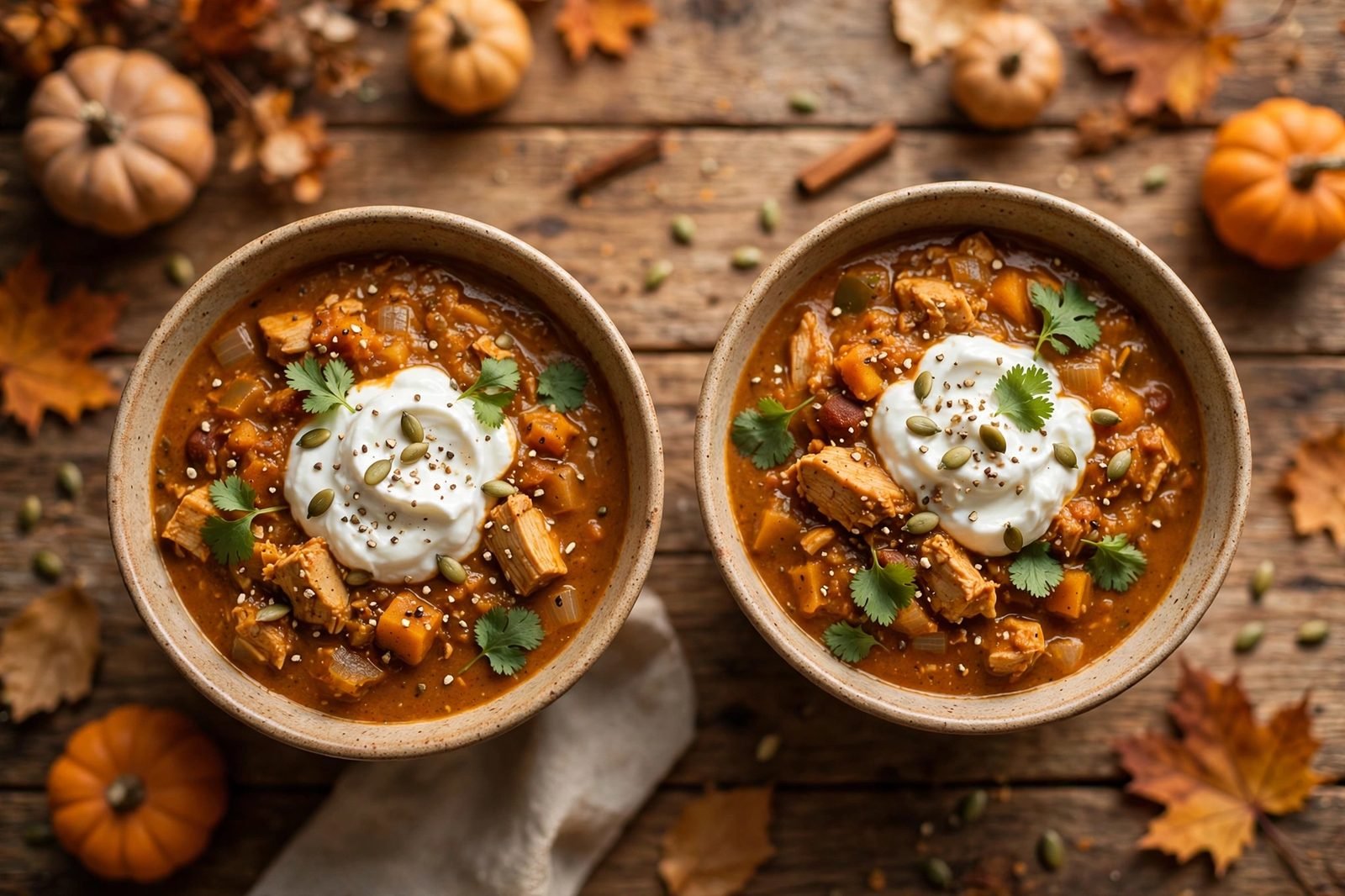 Two finished bowls of pumpkin turkey chili on a rustic table