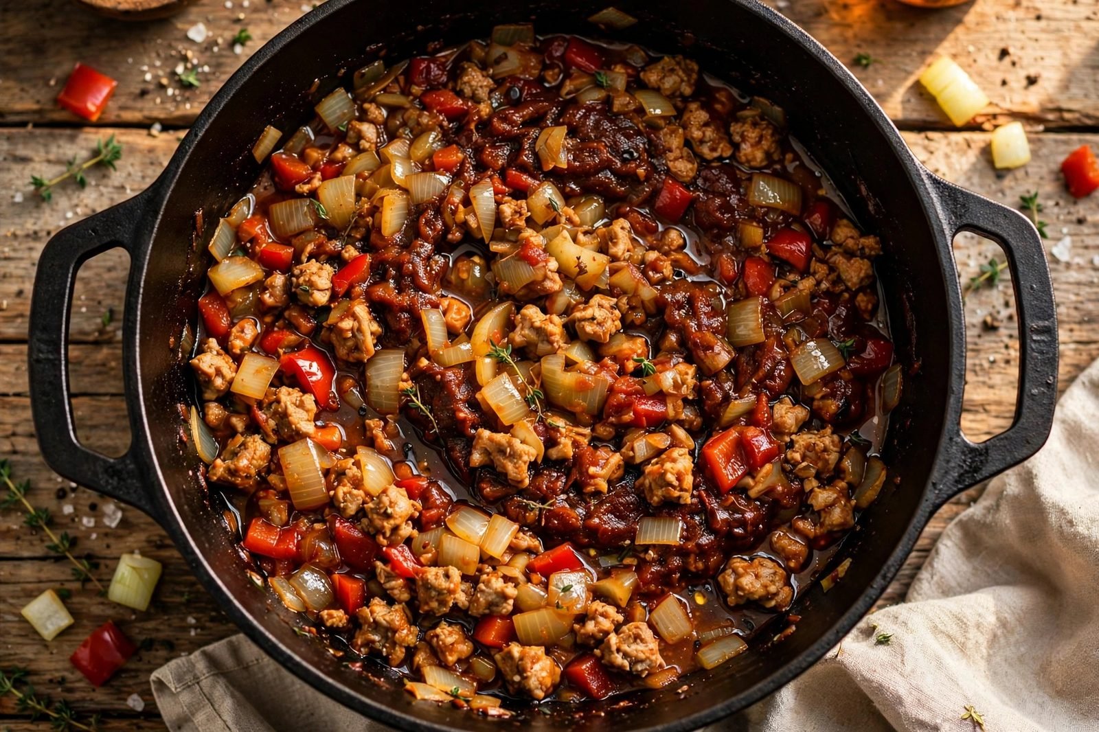 Diced onion and bell pepper softening with darkened tomato paste in the pot