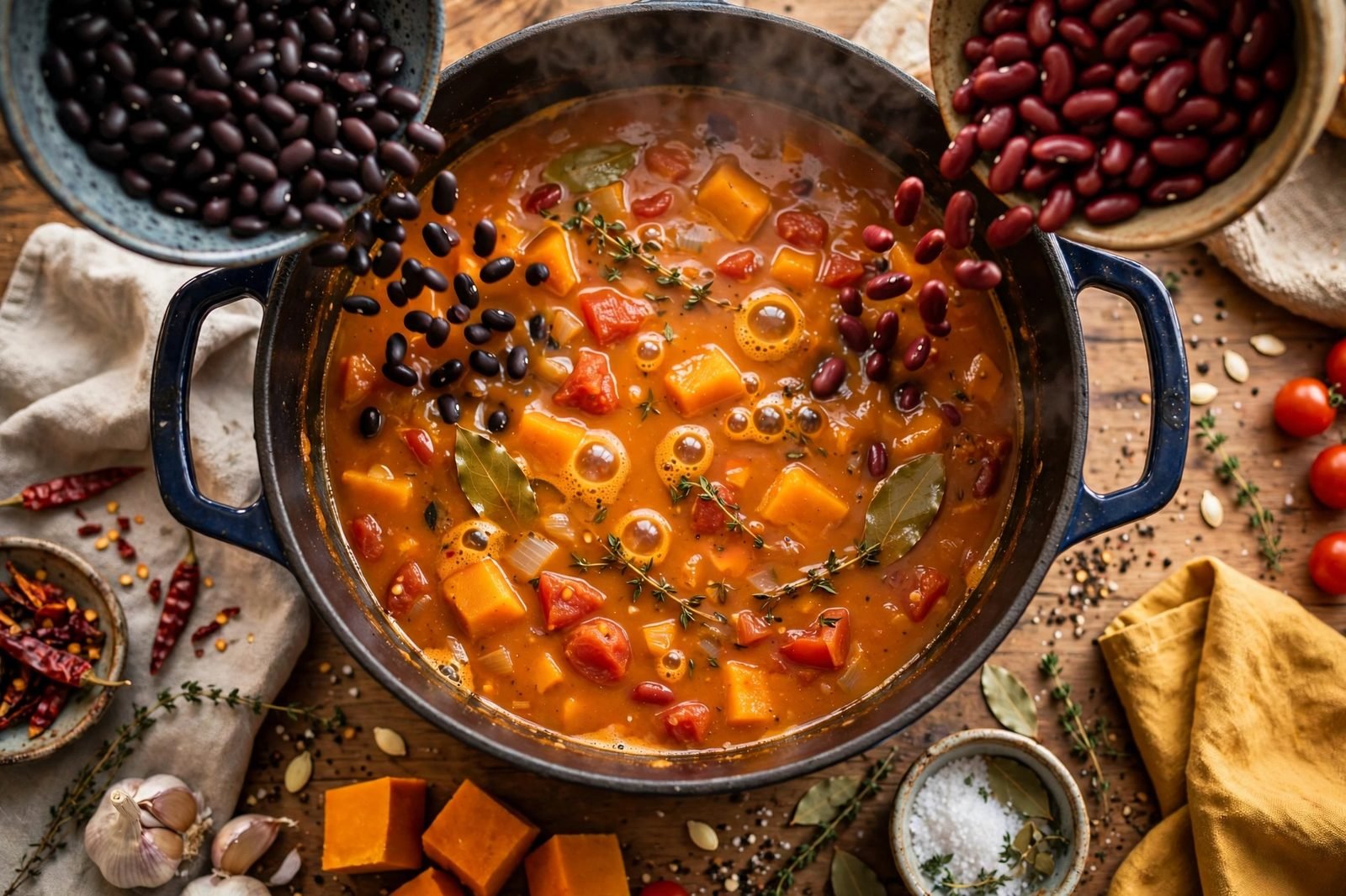 Black beans being added to the simmering chili pot