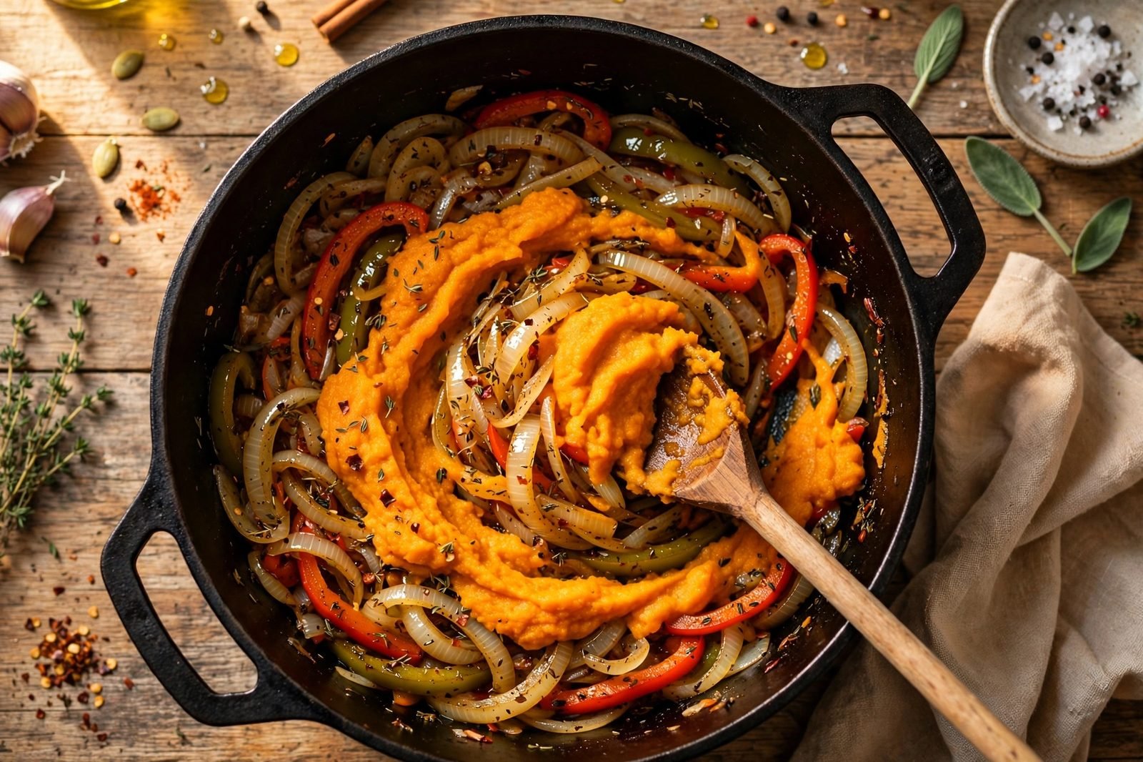 Pumpkin puree being stirred into the chili vegetables