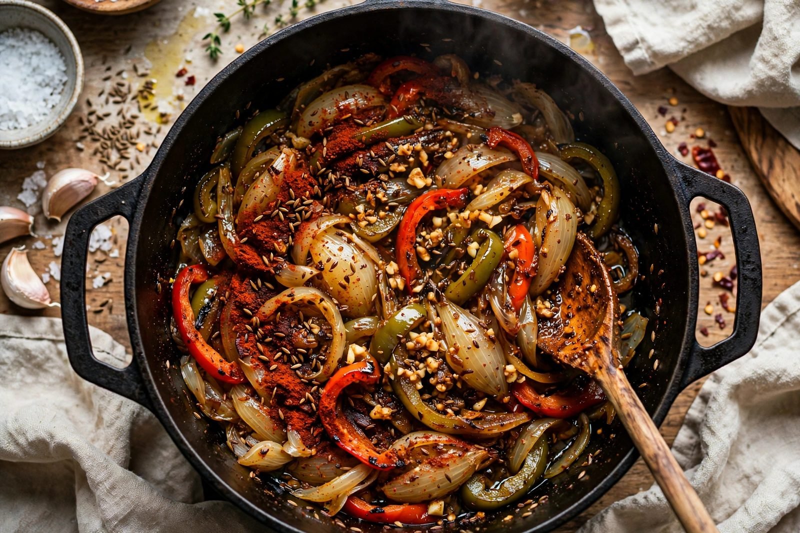 Chili spices and garlic blooming with sautéed vegetables in a Dutch oven