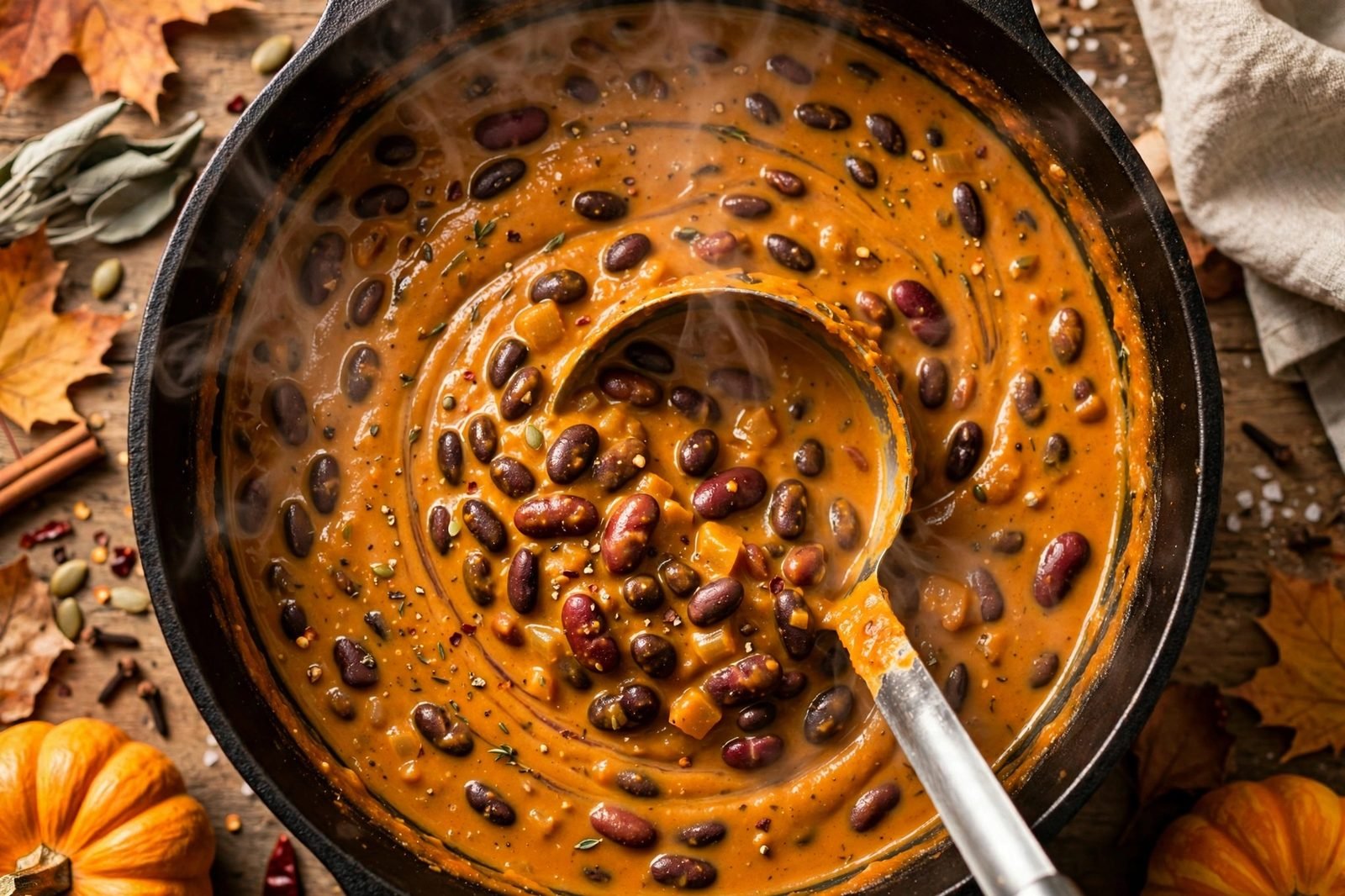 Close-up of thick pumpkin black bean chili being stirred in the pot