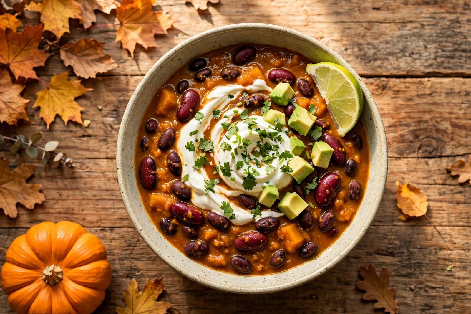 Bowls of pumpkin black bean chili with sour cream, cilantro, lime, and avocado