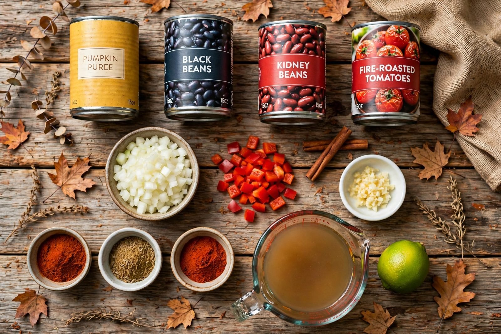 Ingredients for pumpkin black bean chili: onion, bell pepper, garlic, spices, pumpkin puree, black beans, kidney beans, tomatoes, broth, lime, and toppings