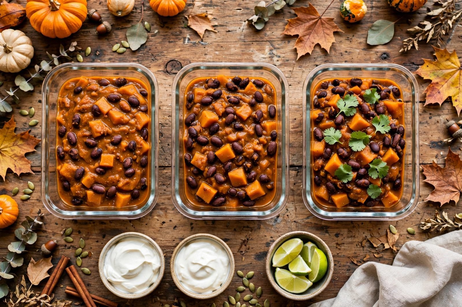 Portioned pumpkin black bean chili in meal-prep containers