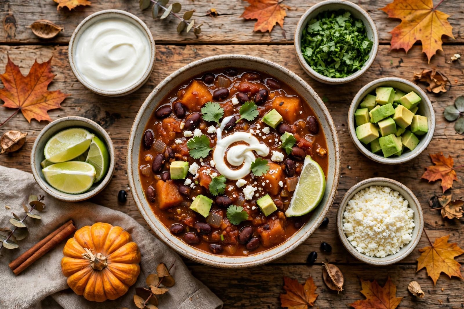 Overhead of a bowl of pumpkin black bean chili with all toppings