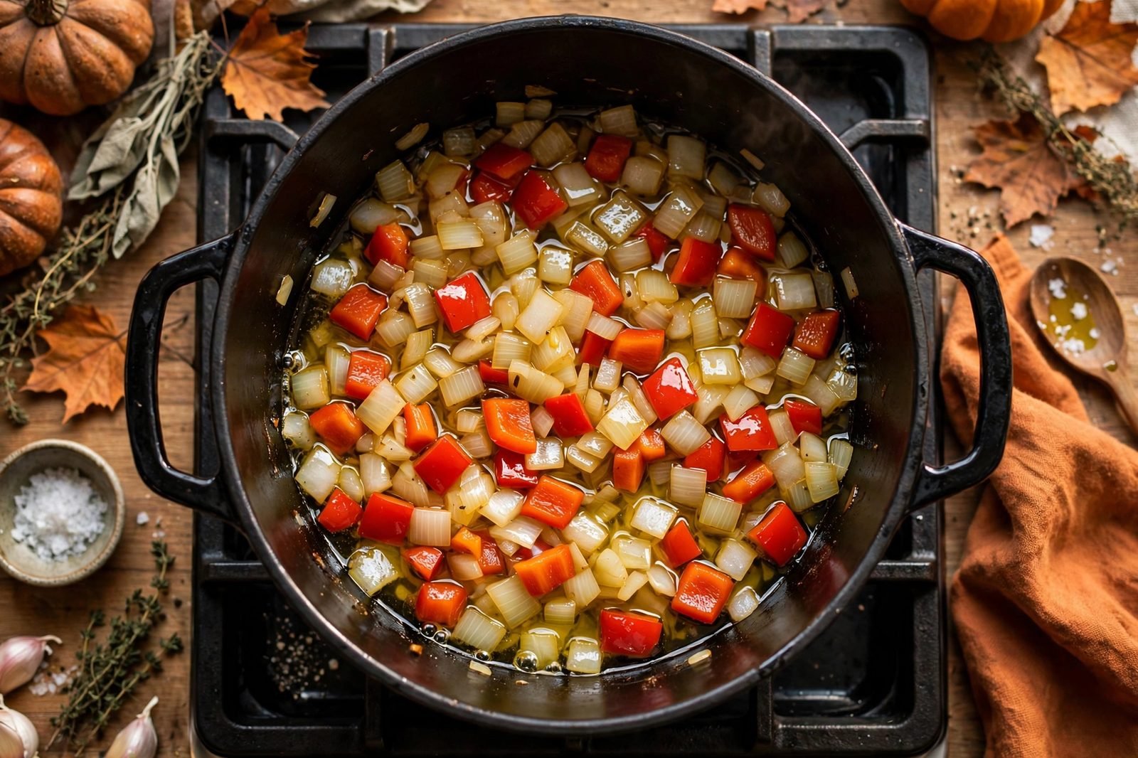 Onion and bell pepper sautéing in a Dutch oven