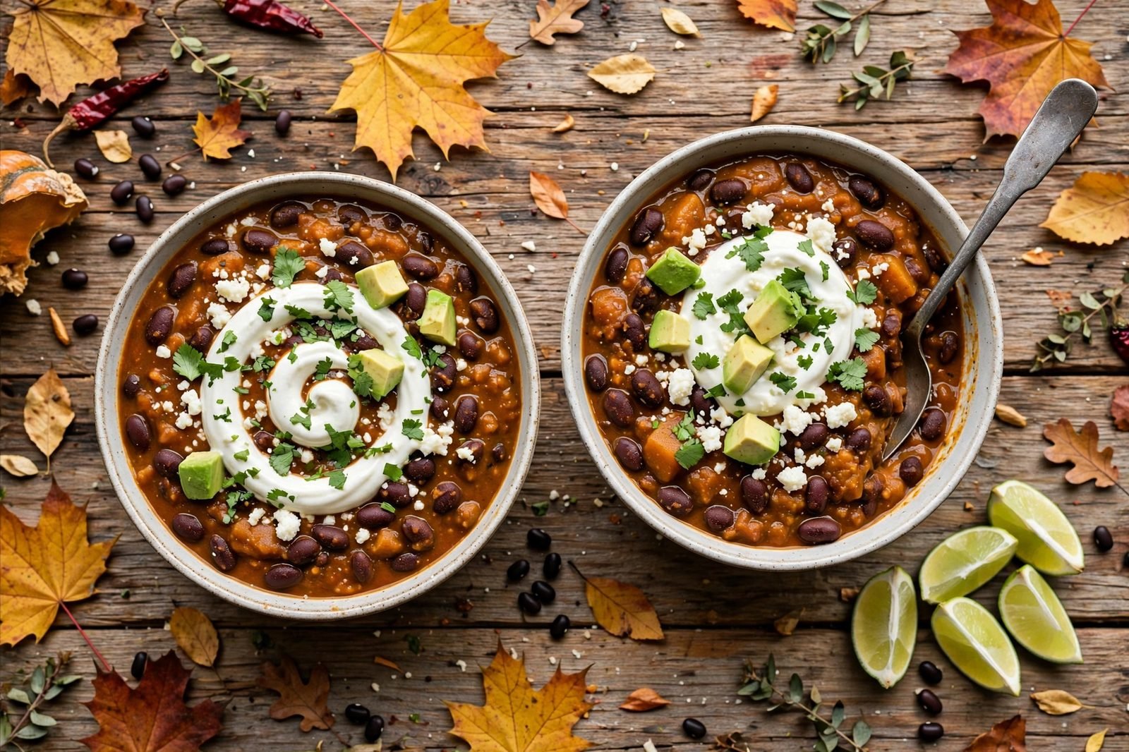 Two bowls of pumpkin black bean chili with sour cream, cilantro, and lime