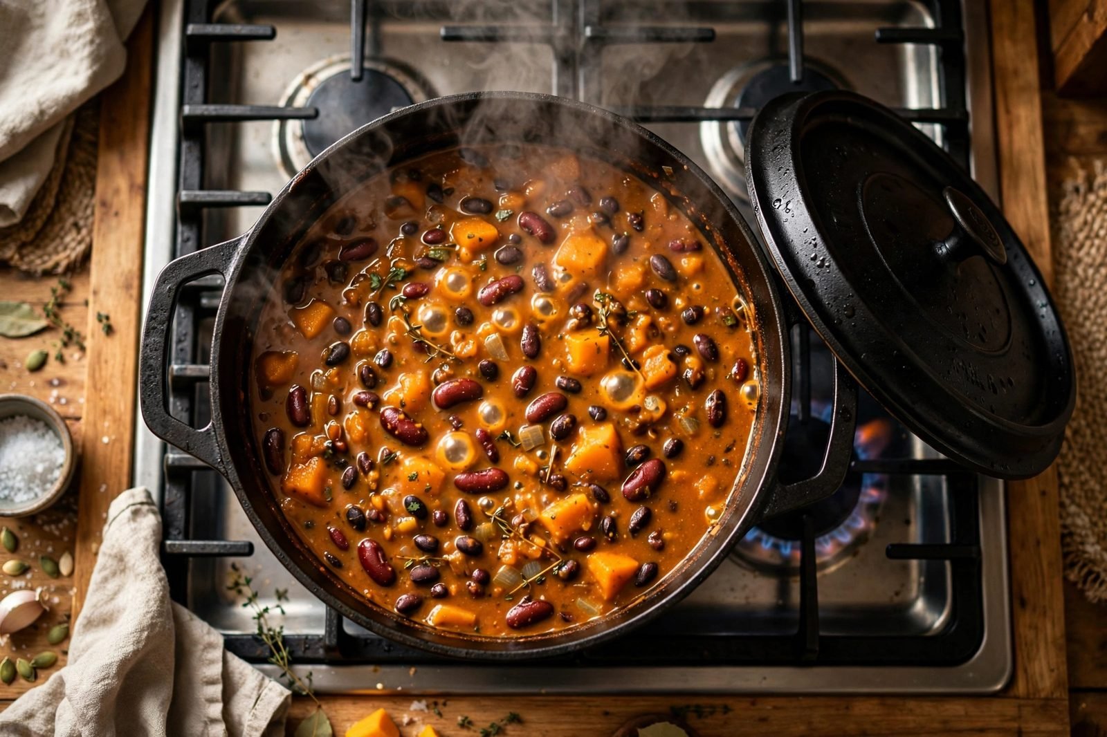 Pumpkin black bean chili simmering in a Dutch oven