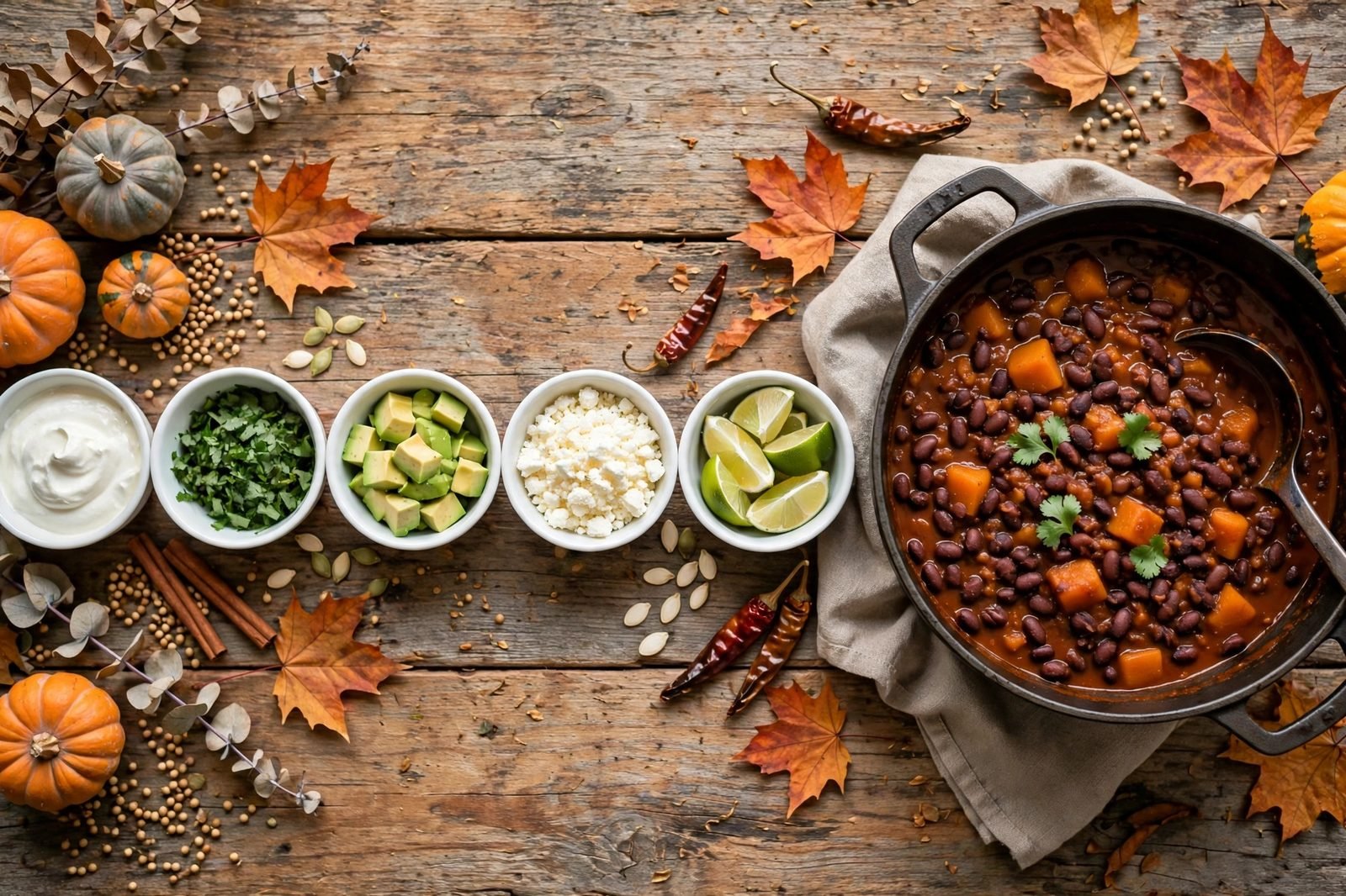 Chili toppings spread: avocado, cilantro, lime wedges, cotija, and sour cream