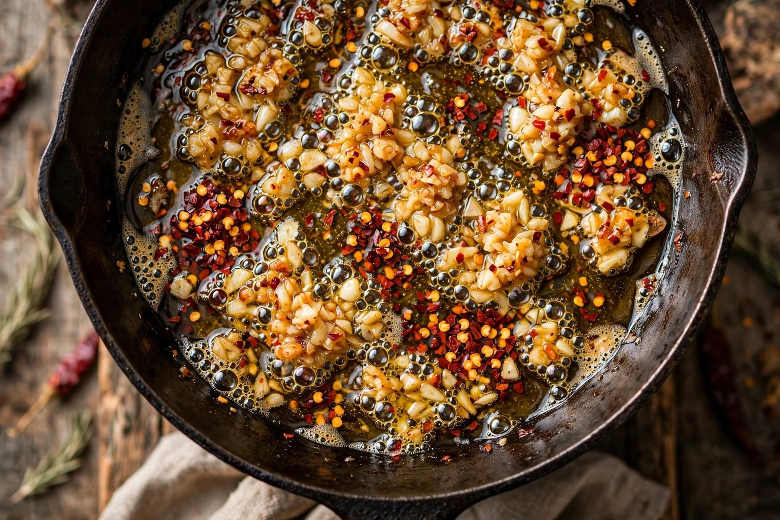 Minced garlic and red pepper flakes blooming in a skillet