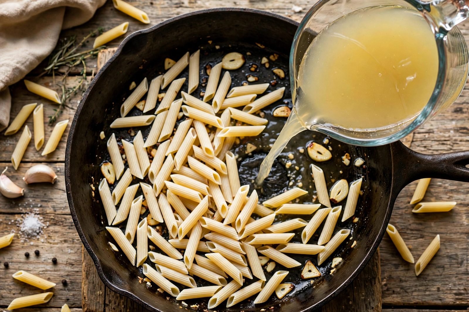 Chicken broth being poured into a skillet with uncooked penne