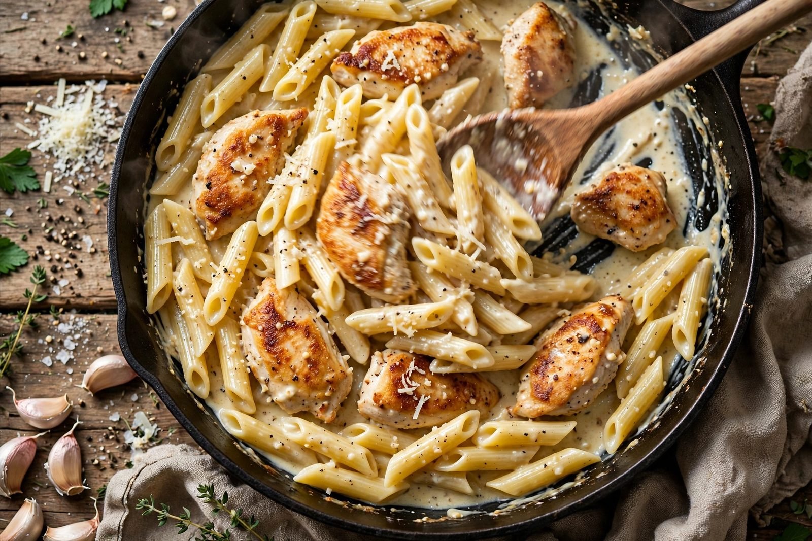 Seared chicken pieces returned to the creamy pasta pot