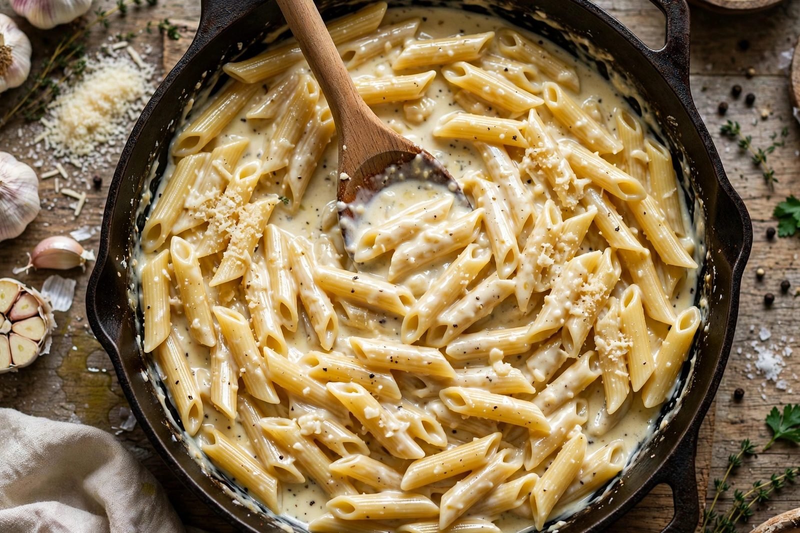 Heavy cream, Greek yogurt, and Parmesan being stirred into the pasta