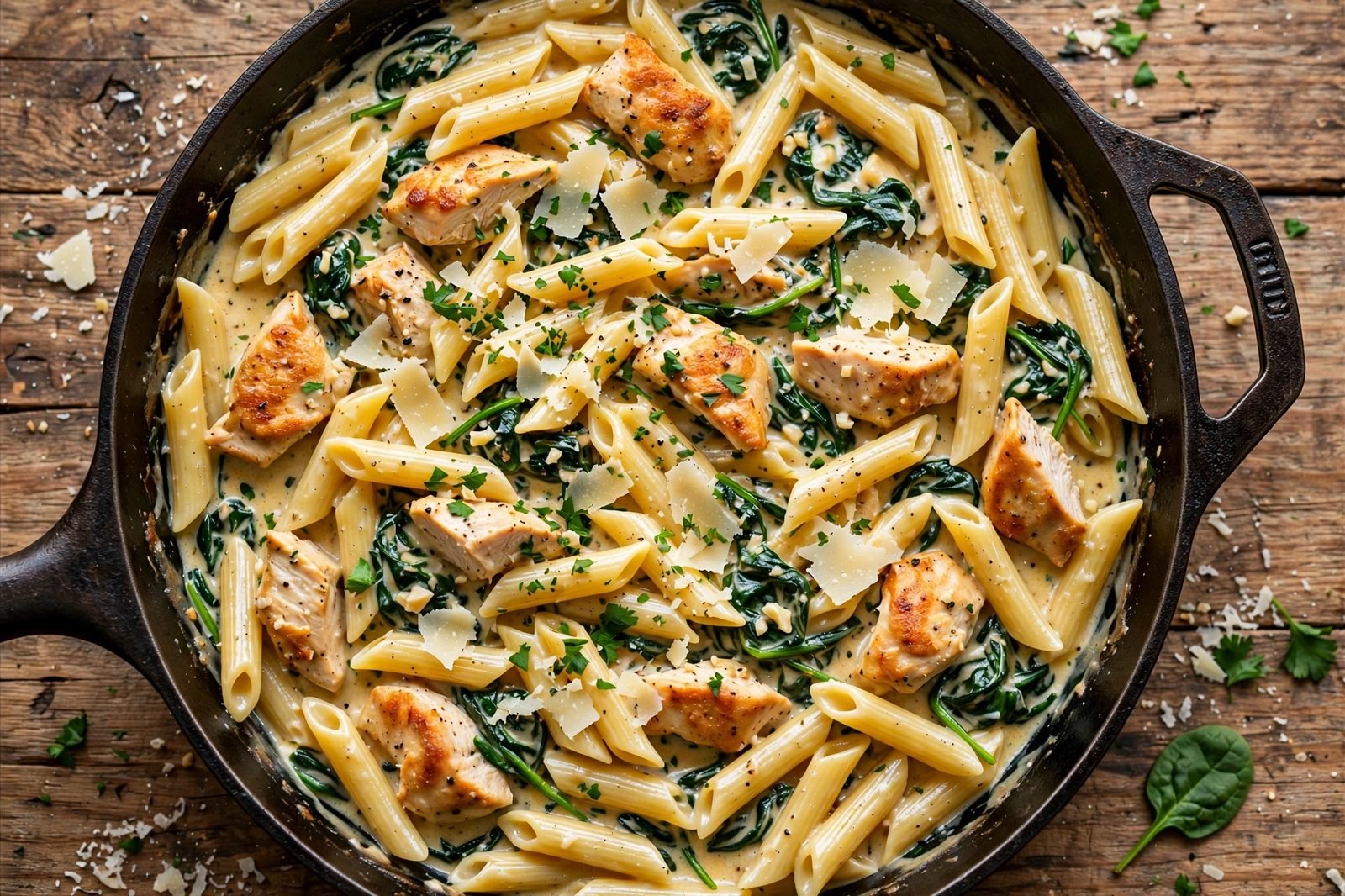 Overhead view of creamy garlic chicken and spinach pasta in a skillet with Parmesan shavings and parsley