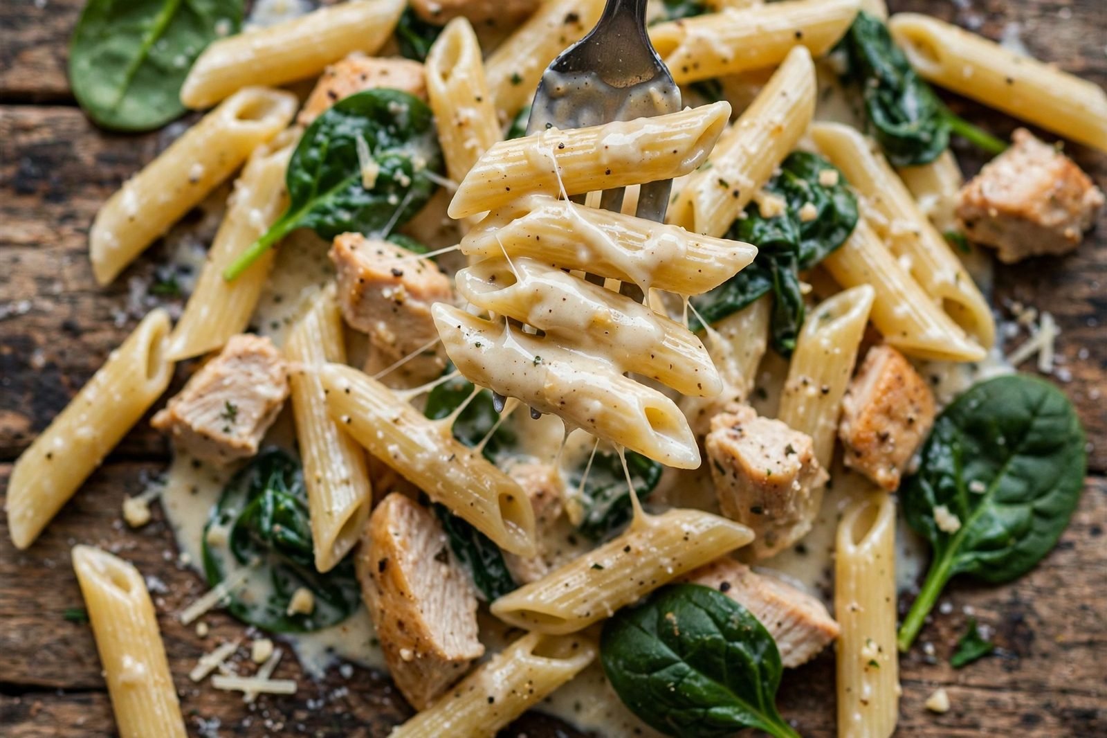 Close-up of a fork twirling saucy penne with spinach