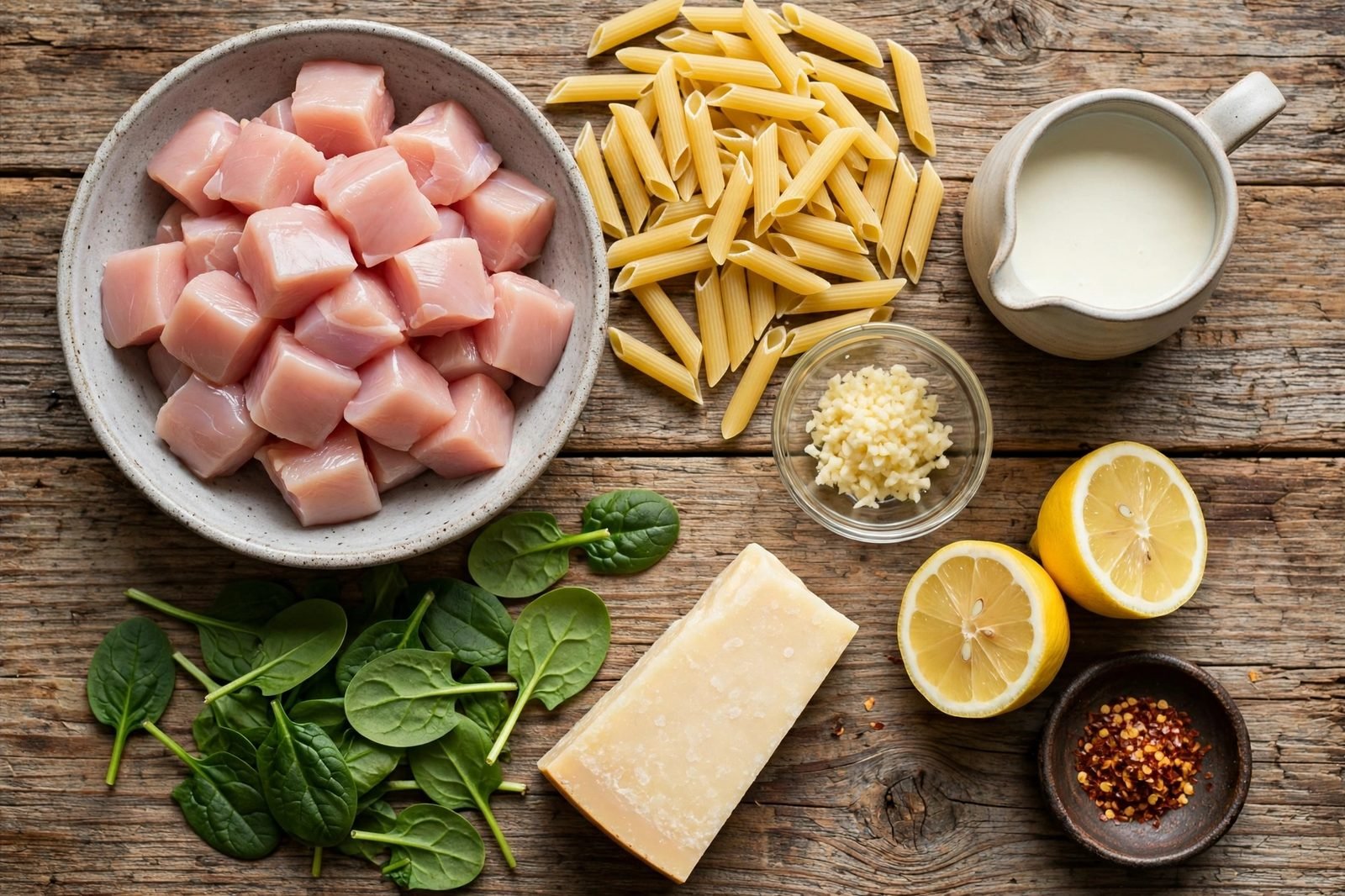 Ingredients for creamy garlic chicken spinach pasta: chicken pieces, penne, garlic, heavy cream, baby spinach, Parmesan, and lemon
