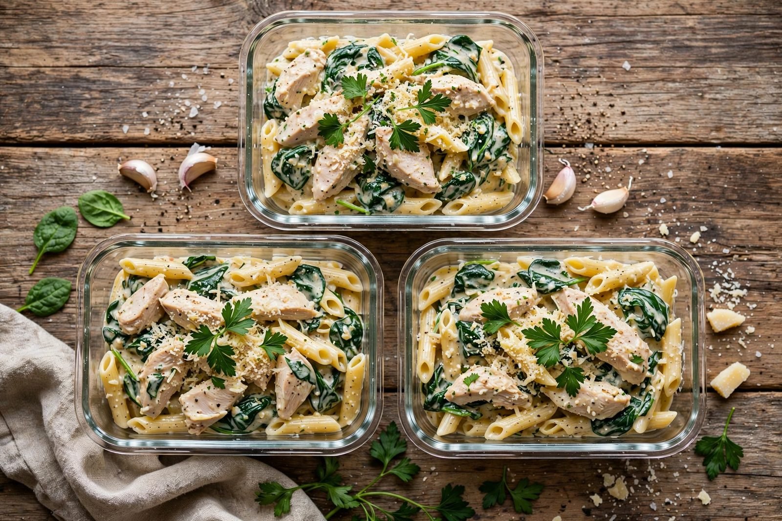 Meal-prep containers portioned with creamy garlic chicken spinach pasta