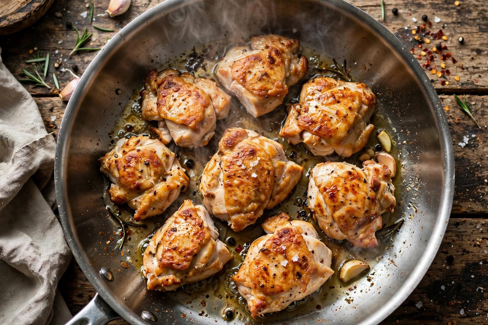 Chicken pieces searing in a large skillet