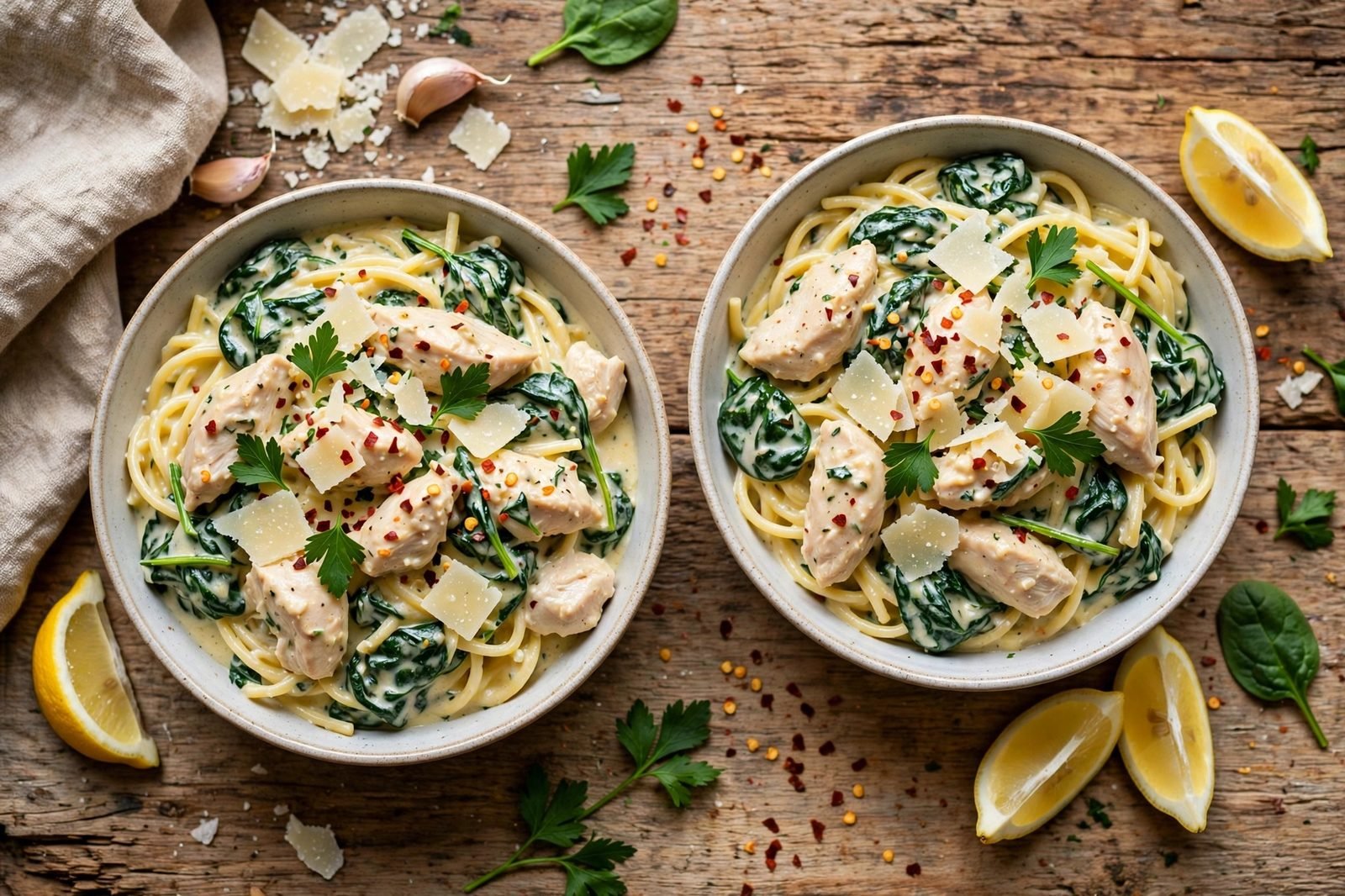 Served bowls of creamy garlic chicken spinach pasta with extra Parmesan and lemon wedges